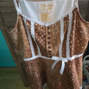 Fleurette Fawn Print Minin dress Brown and White Lace Trim Dress